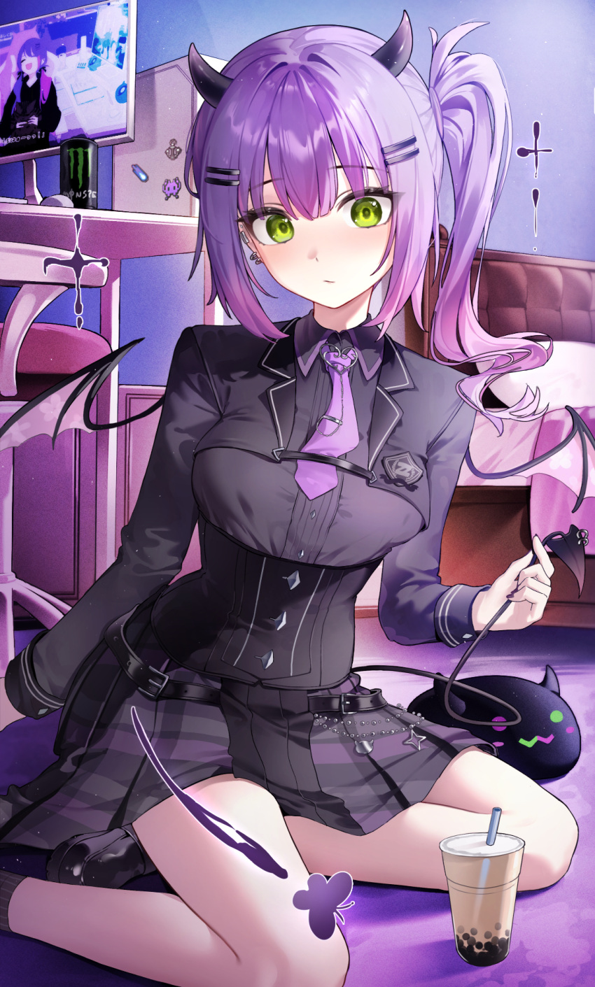 1girl, :/, belt, belt_chain, bibi_(tokoyami_towa), black_belt, black_corset, black_jacket