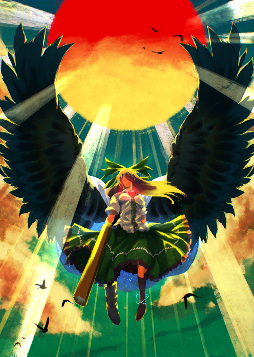 1girl, absurdres, arm_cannon, asymmetrical_legwear, bird, bird_wings, black_hair, black_wings