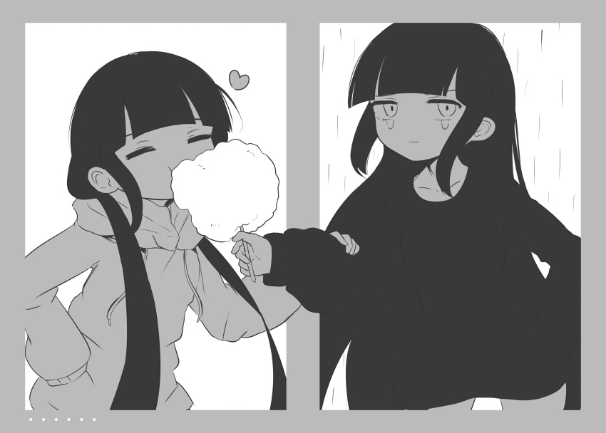 2girls, absurdres, blunt_bangs, closed_eyes, closed_mouth, commentary_request, cotton_candy, cowboy_shot, dual_persona, greyscale, heart, highres, hiyoko_setto, hood, hood_down, hoodie, inabakumori, long_hair, looking_at_viewer, medium_bangs, monochrome, multiple_girls, osage_(nukunuku_nigirimeshi), rain, sidelocks, sleeves_past_wrists, tearing_up, vocaloid, watashi_wa_ame_(vocaloid)