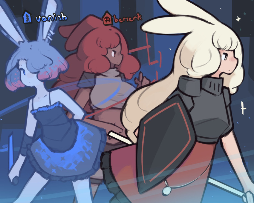 3girls, animal_ears, armor, assassin_rabbit, aura, black_camisole, black_skirt, blonde_hair, blue_eyes, blue_skirt, breastplate, breasts, bruiser_rabbit, camisole, closed_mouth, colored_skin, commentary, cowboy_shot, dagger, defender_rabbit, earrings, english_commentary, expressionless, floppy_ears, fluffy_hair, frilled_skirt, frills, grey_hair, highres, holding, holding_dagger, holding_knife, holding_polearm, holding_shield, holding_weapon, jewelry, knife, large_breasts, long_hair, looking_afar, looking_to_the_side, medium_bangs, mino_dev, multicolored_hair, multicolored_skin, multiple_girls, pauldrons, pink_hair, polearm, rabbit_and_steel, rabbit_ears, rabbit_girl, red_eyes, redhead, shield, shoulder_armor, skirt, two-tone_hair, two-tone_skin, weapon, yellow_eyes