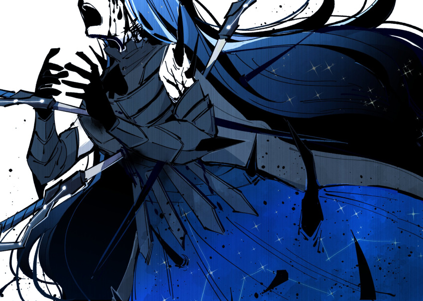1girl, armor, black_armor, black_blood, black_skin, blood, blue_dress, blue_hair