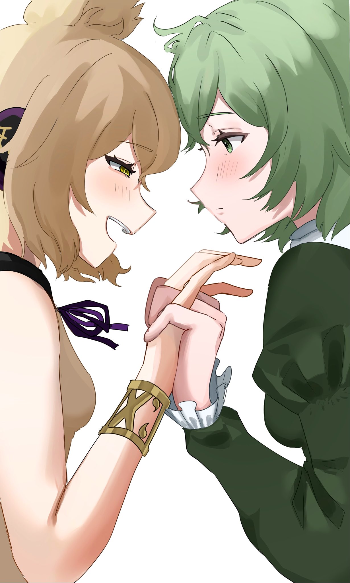 2girls, blush, bracelet, breasts, brown_hair, closed_mouth, commentary, from_side, green_hair, highres, holding_hands, jewelry, juliet_sleeves, karubo_100sei, long_sleeves, multiple_girls, open_mouth, puffy_sleeves, short_hair, simple_background, soga_no_tojiko, touhou, toyosatomimi_no_miko, white_background, yuri