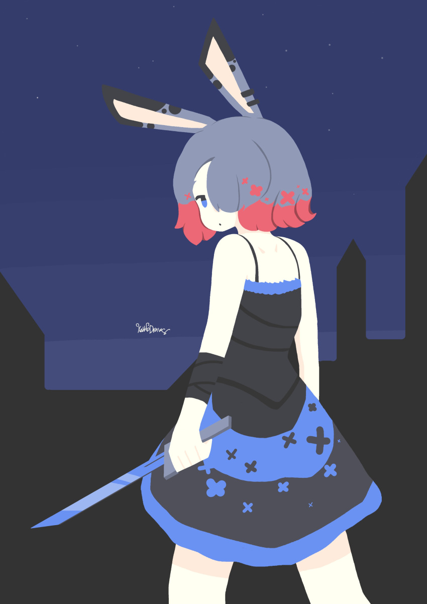 1girl, absurdres, animal_ears, assassin_rabbit, black_camisole, black_skirt, blue_eyes, blue_skirt, blue_sky, camisole, closed_mouth, commentary, cowboy_shot, dagger, earrings, expressionless, from_behind, grey_hair, hair_between_eyes, hair_over_one_eye, highres, holding, holding_dagger, holding_knife, holding_weapon, jewelry, kettledraws, knife, long_bangs, looking_at_viewer, looking_back, multicolored_hair, pink_hair, rabbit_and_steel, rabbit_ears, rabbit_girl, short_hair, skirt, sky, solo, star_(sky), starry_sky, two-tone_hair, two-tone_skirt, weapon