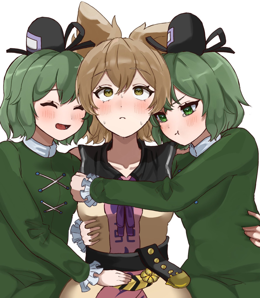 3girls, :t, belt, black_hat, blush, brown_eyes, brown_hair, closed_eyes