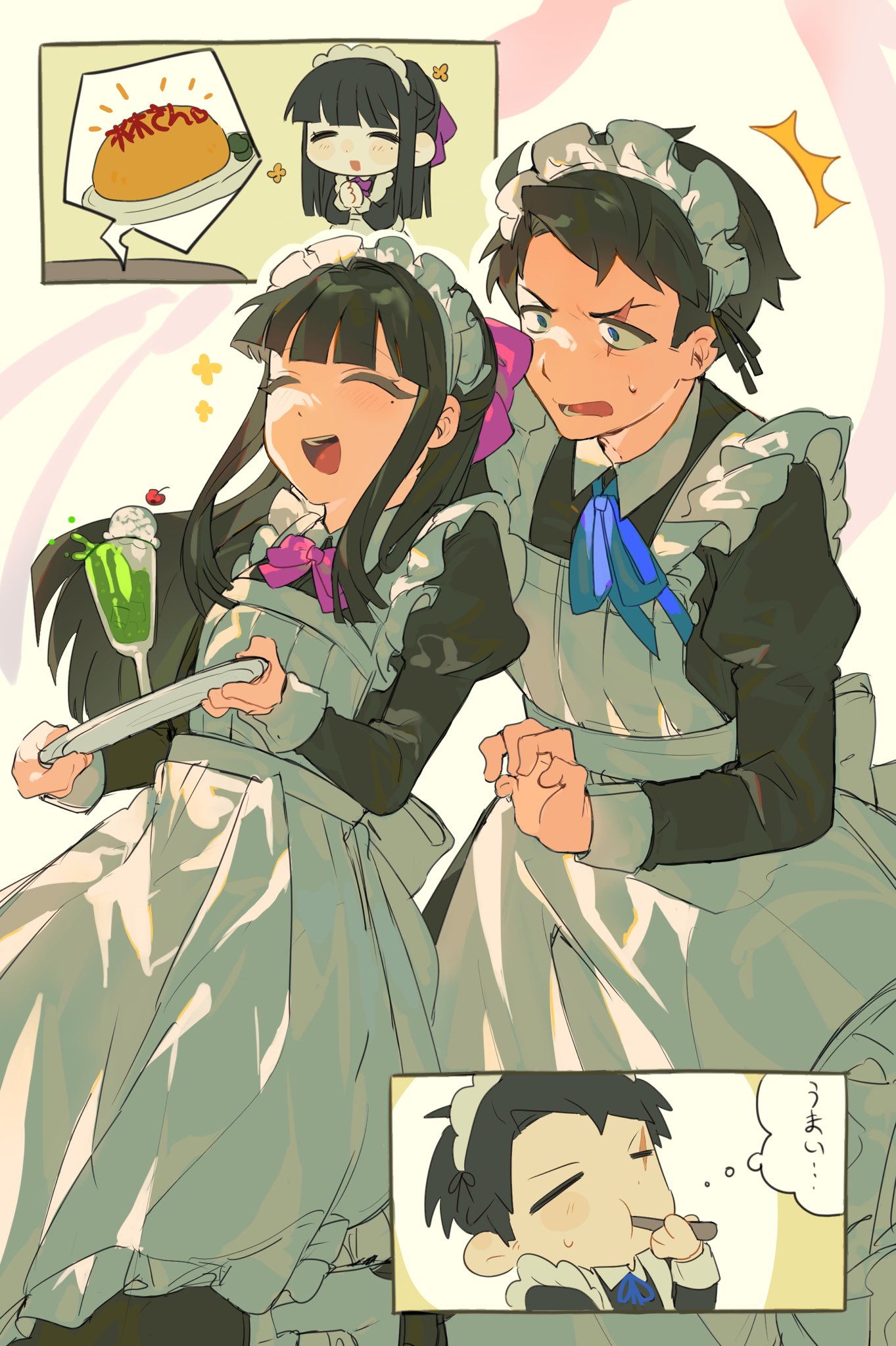 1boy, 1girl, apron, black_dress, black_hair, blue_ribbon, bow, bowtie