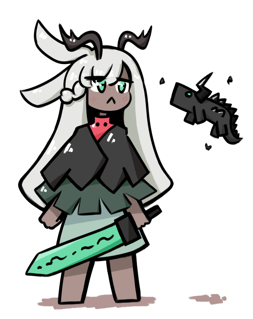 1girl, :<, absurdres, ancient_rabbit, animal_ears, antlers, barefoot, black_capelet, black_horns, blush, capelet, chibi, closed_mouth, commentary, dark-skinned_female, dark_skin, dragon, english_commentary, full_body, green_eyes, green_skirt, grey_hair, hair_between_eyes, half_up_braid, highres, holding, holding_sword, holding_weapon, horns, long_hair, medium_bangs, minimasa, rabbit_and_steel, rabbit_ears, rabbit_girl, simple_background, skirt, solo, standing, sword, weapon, white_background