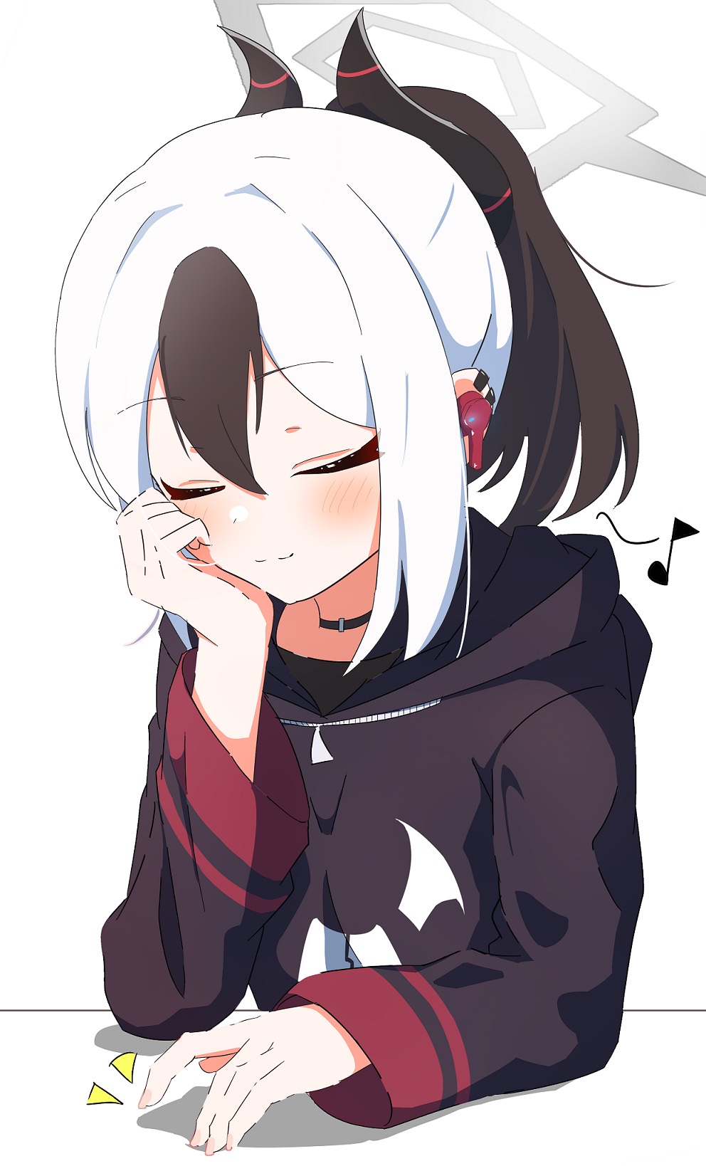 1girl, black_choker, black_hair, black_hoodie, blue_archive, choker, closed_eyes, closed_mouth, demon_horns, earclip, earphones, earphones, grey_halo, halo, head_rest, highres, hood, hoodie, horns, kayoko_(blue_archive), listening_to_music, multicolored_hair, musical_note, relief_07, solo, tapping_finger, two-tone_hair, white_hair