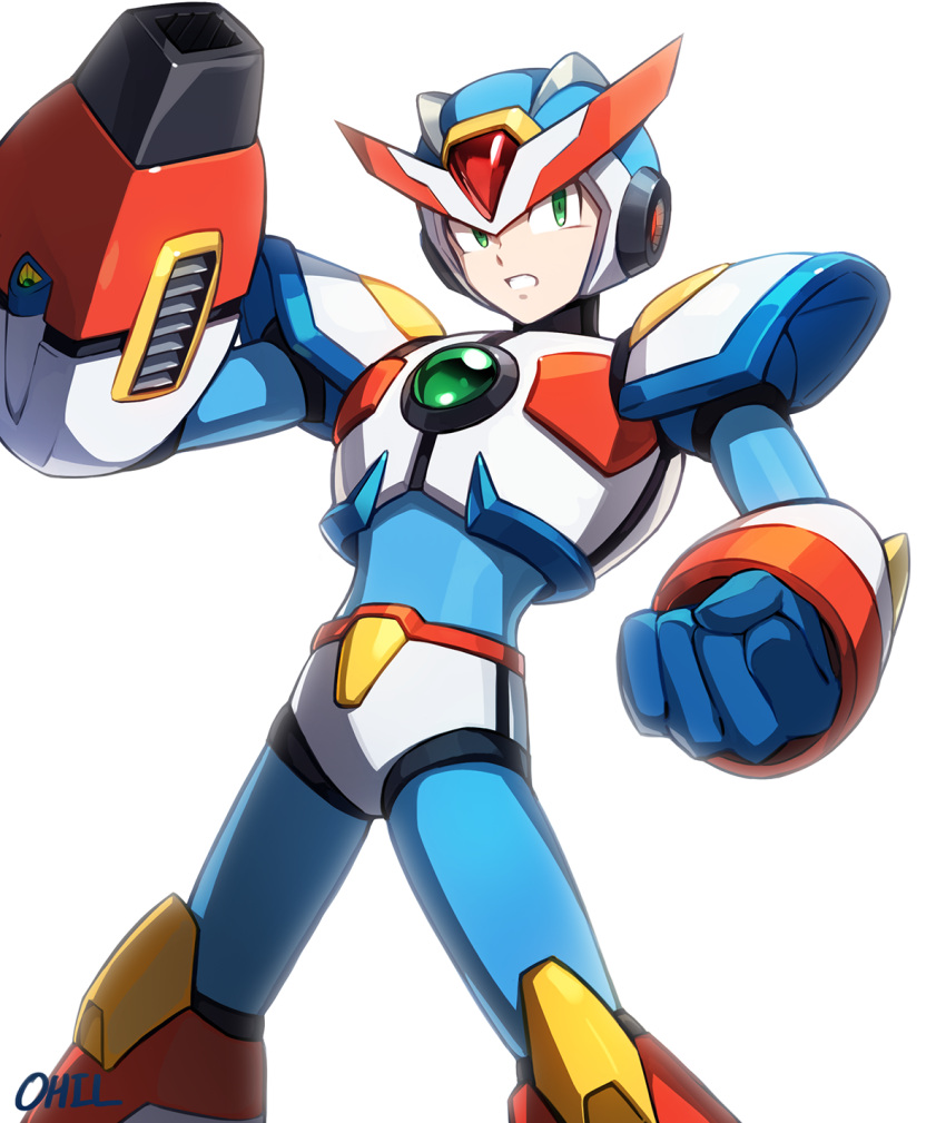 1boy, arm_cannon, armor, blue_helmet, chest_jewel, clenched_hand, cowboy_shot, green_eyes