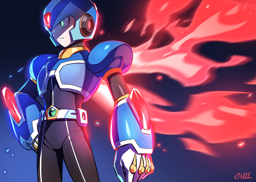 armor, artist_name, blue_armor, blue_helmet, cowboy_shot, dark_background, energy_cape, forehead_jewel