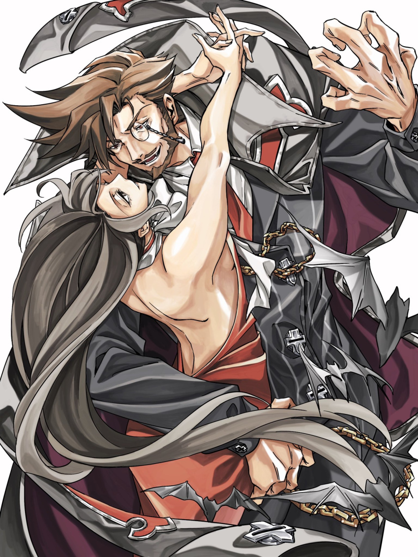 1boy, 1girl, back, bat_(animal), bat_wings, beard, black_hair, breasts