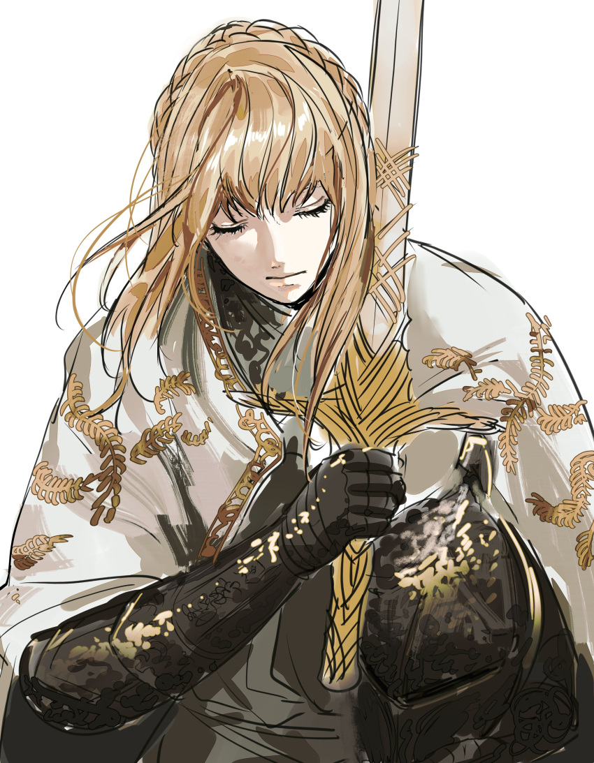 1other, absurdres, armor, blonde_hair, cape, character_request, closed_eyes, elden_ring