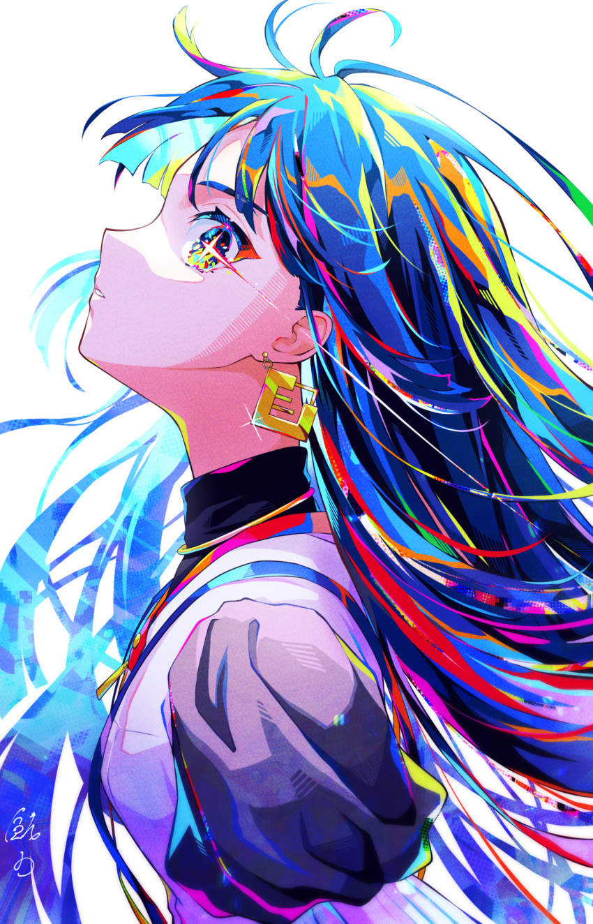 1girl, blue_hair, colorful, earrings, eye_(utaite), floating_hair, from_side, green_eyes