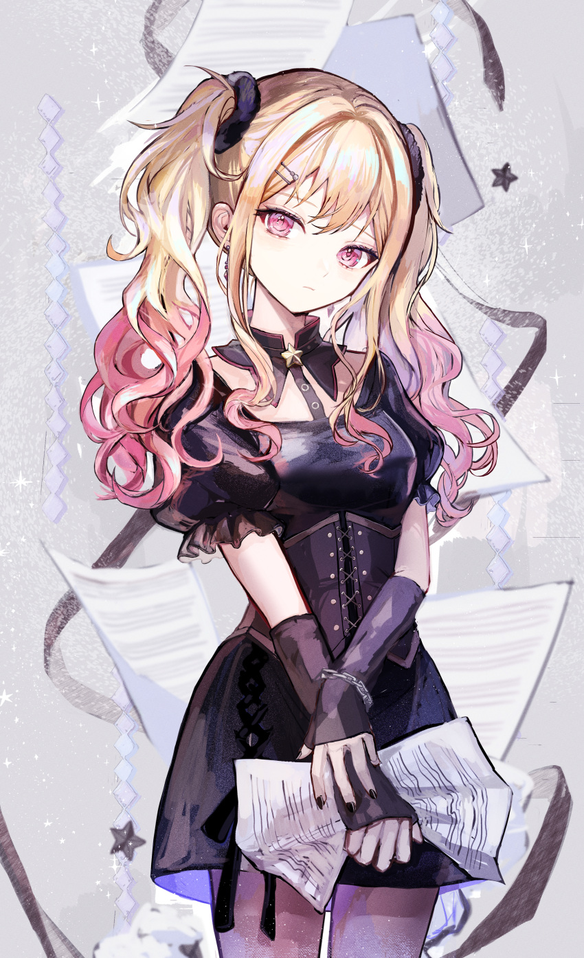 1girl, absurdres, black_choker, black_dress, black_nails, black_ribbon, black_sleeves, blonde_hair