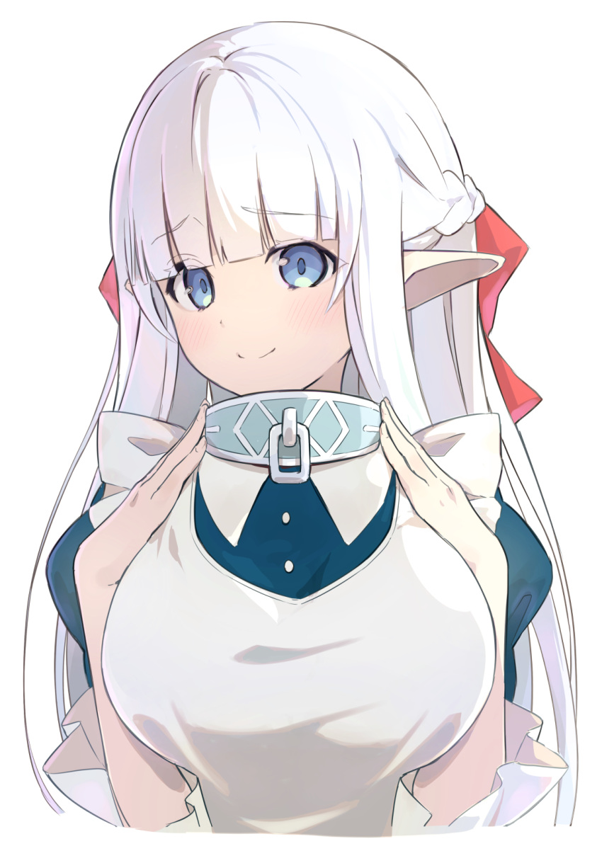 1girl, adjusting_collar, apron, blue_dress, braid, breasts, collar, cropped_torso