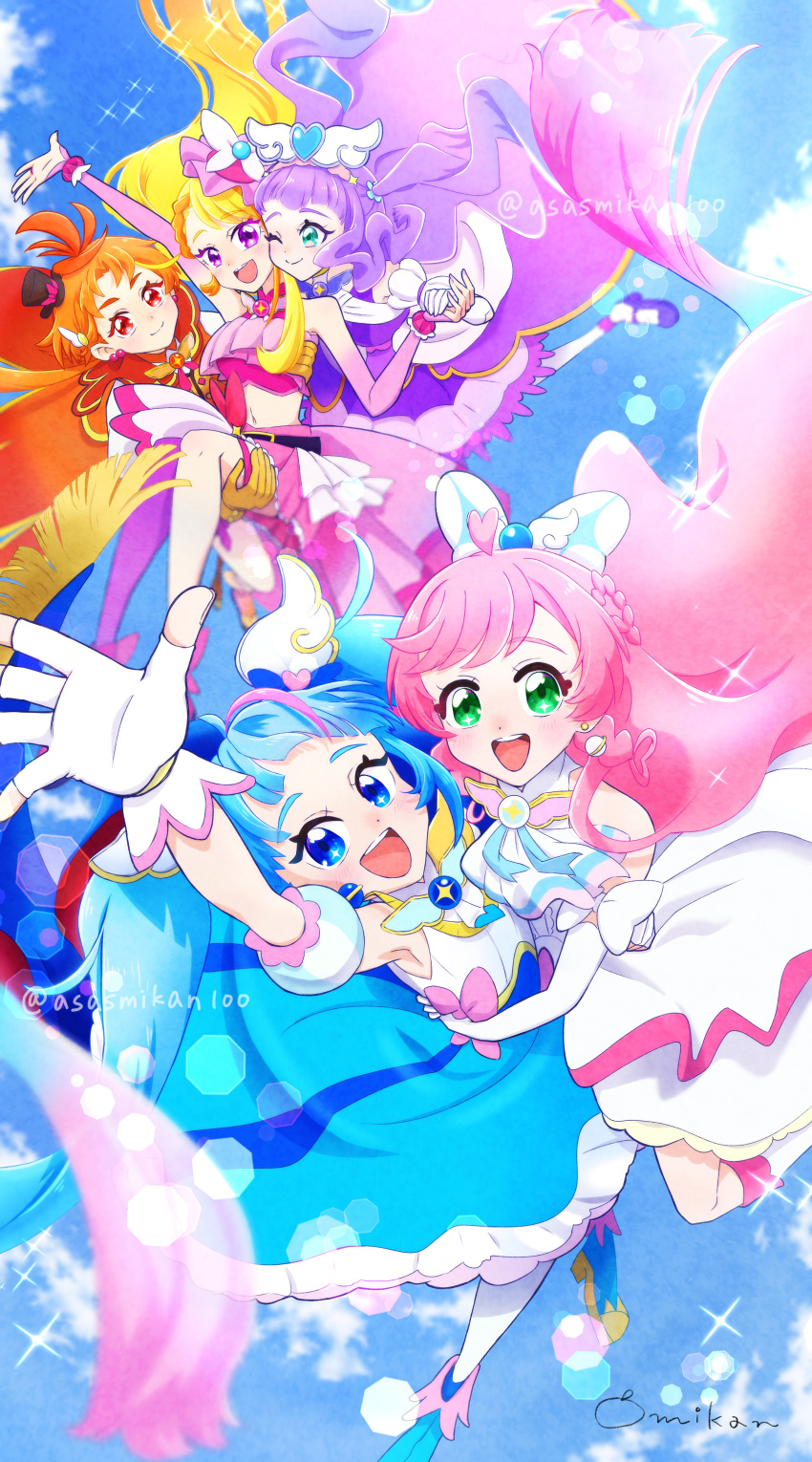 1boy, 4girls, ;), absurdres, ankle_boots, aqua_eyes, arm_up, artist_name