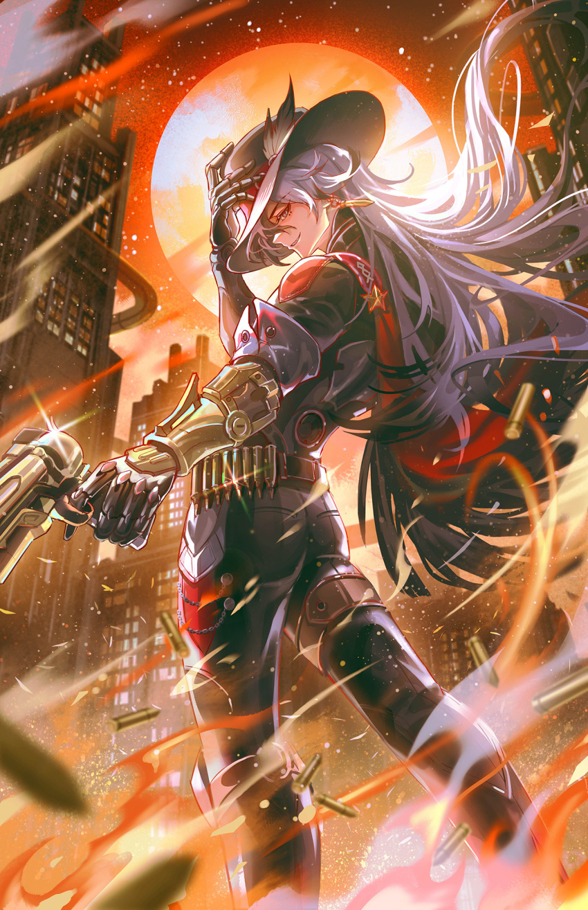 1boy, black_hair, black_hat, boothill_(honkai:_star_rail), cityscape, cyborg, ear_piercing, earrings