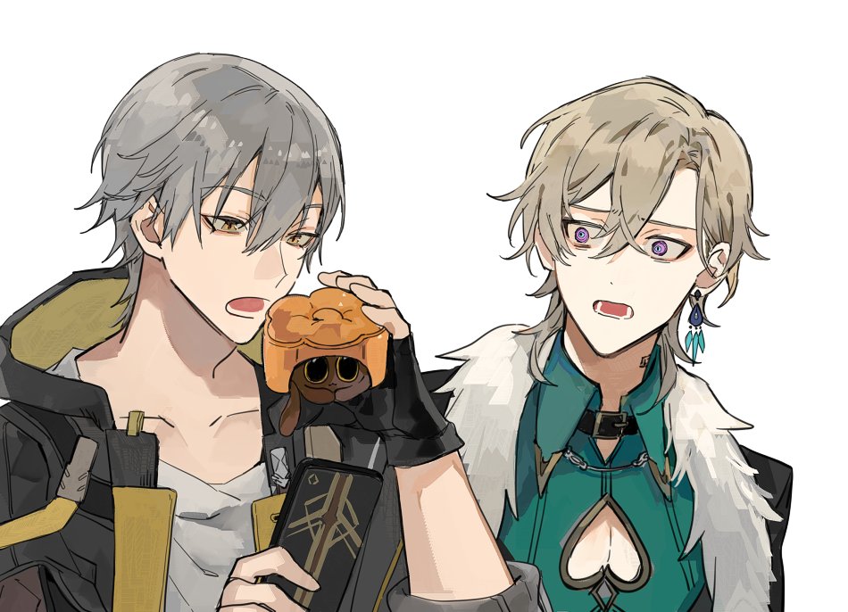 2boys, all1713676, animal, aqua_shirt, aventurine_(honkai:_star_rail), black_collar, black_gloves, black_jacket