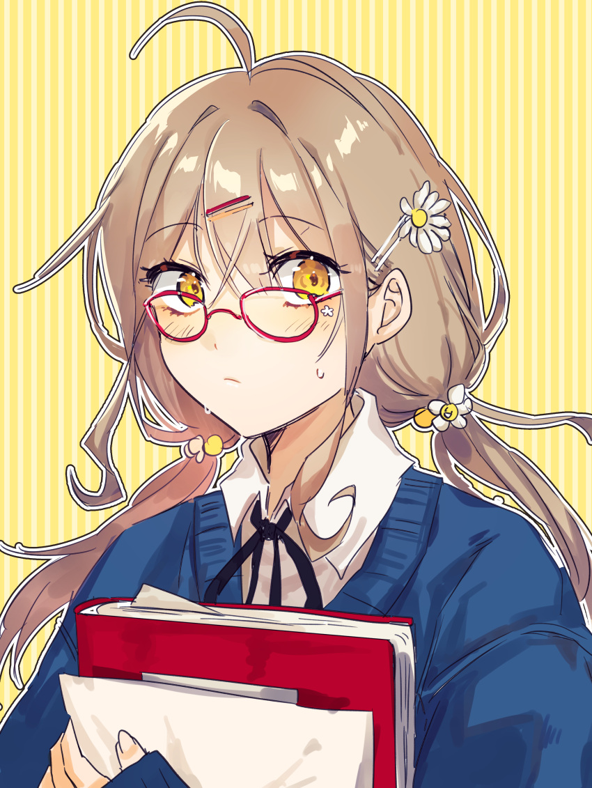 1girl, absurdres, ahoge, blue_sweater, book, brown_hair, flower, glasses