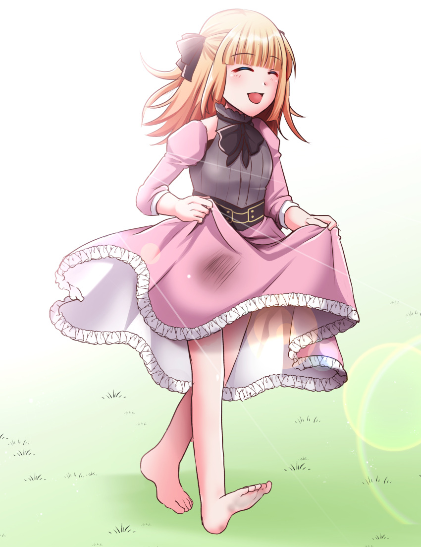 1girl, barefoot, black_corset, black_ribbon, blonde_hair, closed_eyes, clothes_lift, corset