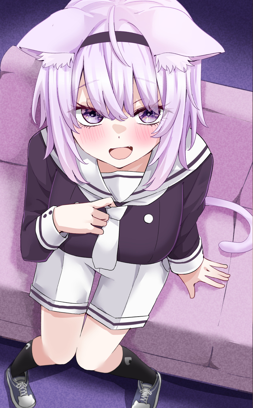 1girl, absurdres, ahoge, animal_ear_fluff, animal_ears, black_footwear, black_thighhighs, blush