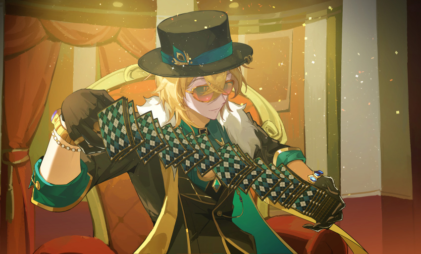 1boy, absurdres, aqua_shirt, aventurine_(honkai:_star_rail), black_gloves, black_hat, black_jacket, blonde_hair