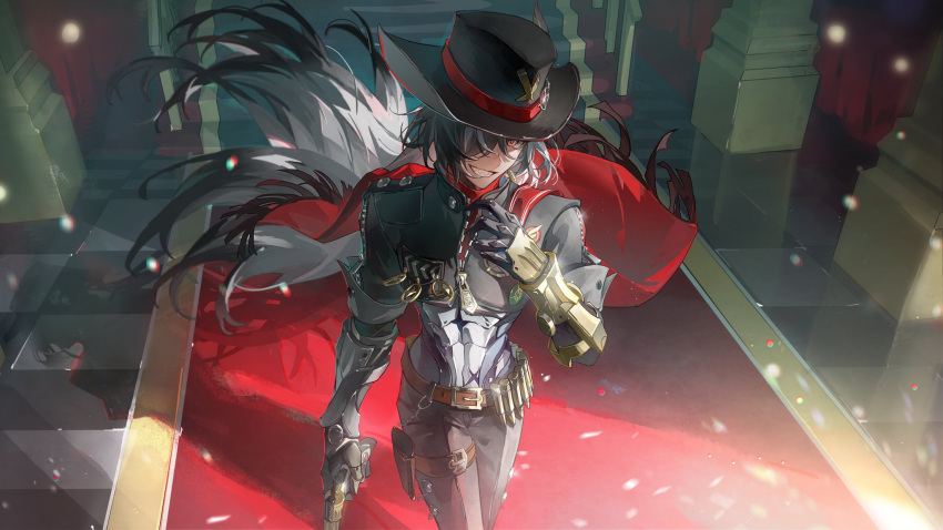 1boy, belt, belt_buckle, black_hair, black_hat, bolichar, boothill_(honkai:_star_rail), brown_belt