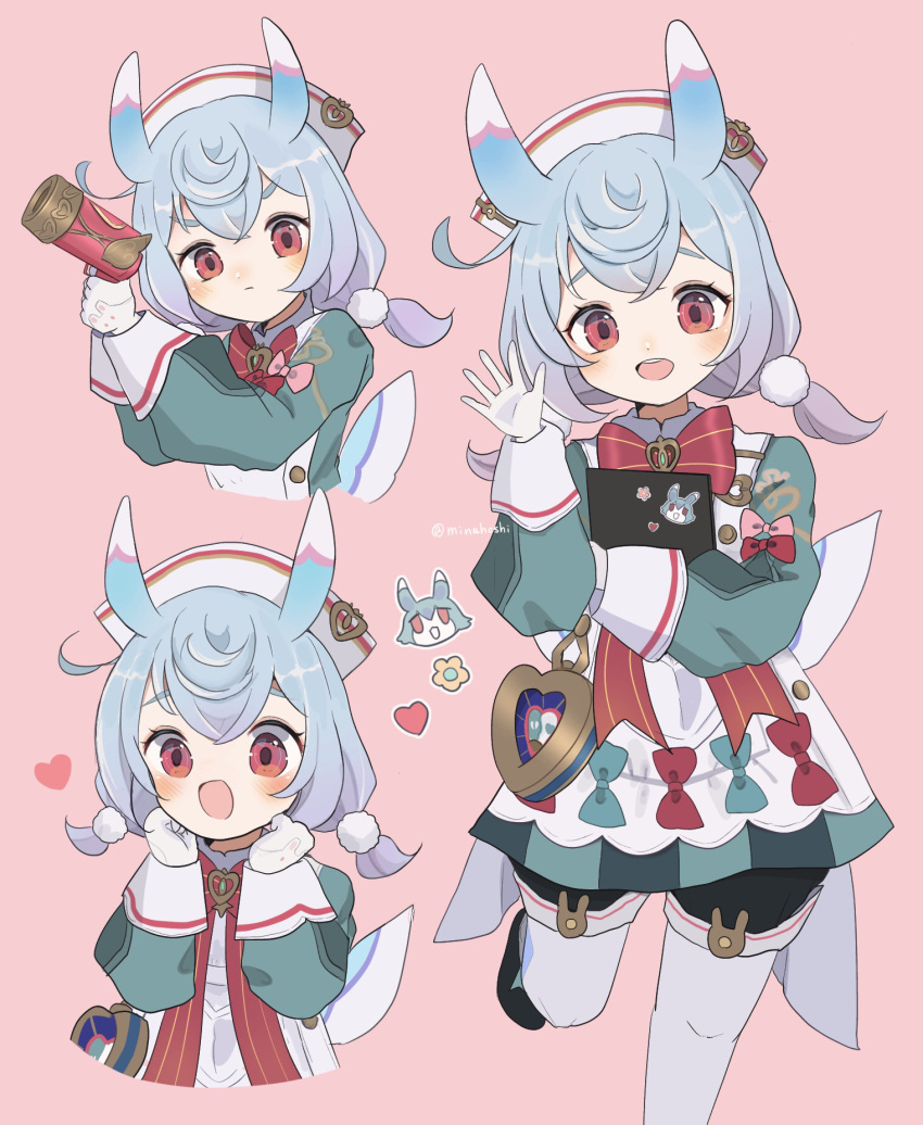 1girl, animal_ears, blue_hair, blush, bow, dress, genshin_impact, gloves