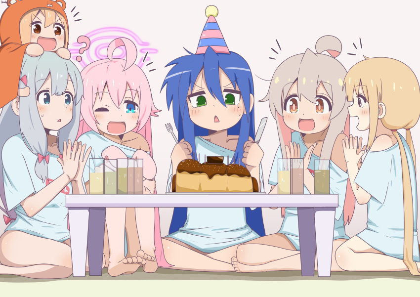 6+girls, :d, ;d, ?, absurdres, ahoge, bambi2000line, barefoot, birthday, birthday_cake, blonde_hair, blue_archive, blue_eyes, blue_hair, blue_shirt, blunt_bangs, blush, bow, bright_pupils, brown_eyes, cake, center-flap_bangs, chestnut_mouth, chibi, chibi_inset, chibi_on_head, clapping, collarbone, commentary_request, cosplay, crossover, doma_umaru, eromanga_sensei, feet_out_of_frame, food, fork, full_body, futaba_anzu, green_eyes, grey_hair, hair_between_eyes, hair_bow, hands_up, happy, hat, highres, himouto!_umaru-chan, holding, holding_fork, holding_knife, hoshino_(blue_archive), idolmaster, idolmaster_cinderella_girls, indian_style, indoors, izumi_konata, izumi_sagiri, knees_up, knife, legs_together, light_brown_hair, long_hair, looking_at_another, looking_at_food, looking_down, low-tied_long_hair, low_twintails, lucky_star, mole, mole_under_eye, multiple_crossover, multiple_girls, notice_lines, on_head, one_eye_closed, onii-chan_wa_oshimai!, open_mouth, orange_hair, oyama_mahiro, oyama_mahiro_(cosplay), party_hat, pink_bow, pink_hair, shirt, sidelocks, simple_background, single_bare_shoulder, sitting, smile, soles, straight_hair, sweatdrop, tareme, toes, trait_connection, twintails, v-shaped_eyebrows, very_long_hair