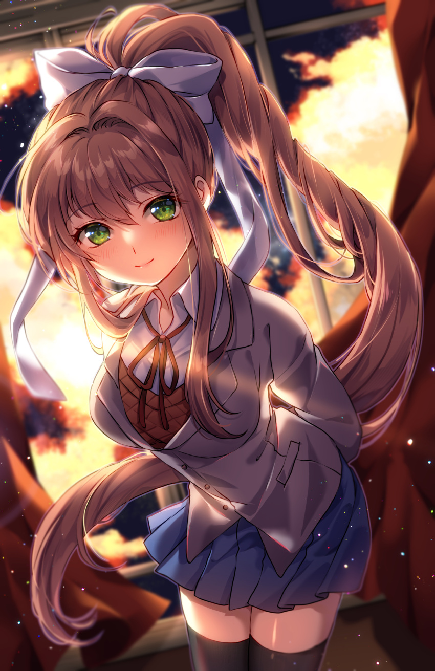 1girl, black_thighhighs, blue_skirt, brown_hair, cardigan, collared_shirt, doki_doki_literature_club, green_eyes