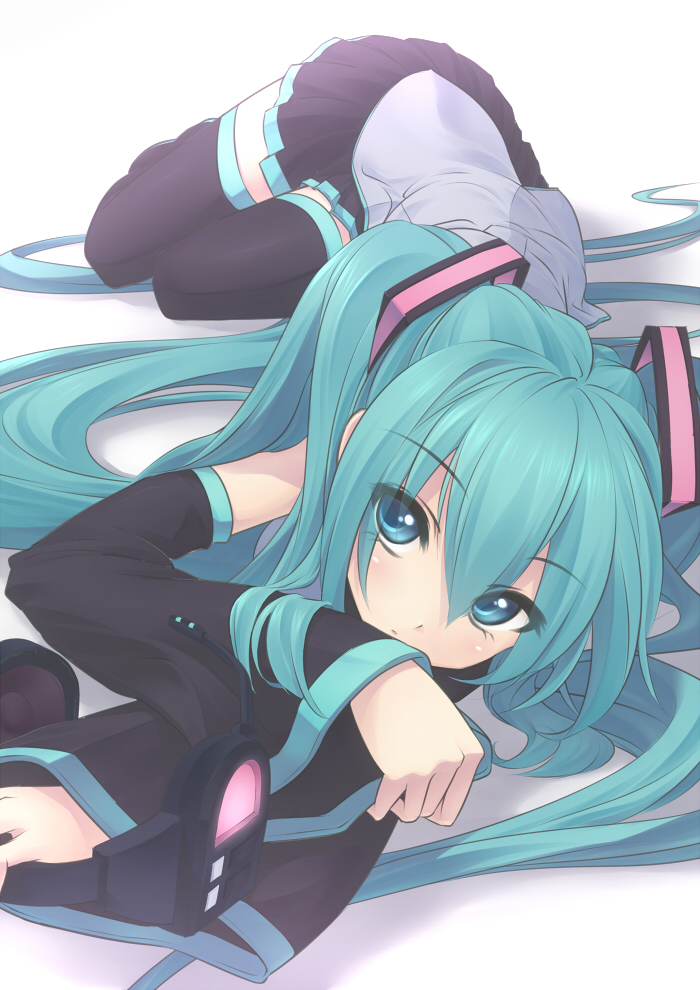 aqua_eyes, aqua_hair, bad_perspective, blush, detached_sleeves, face, foreshortening, garuku