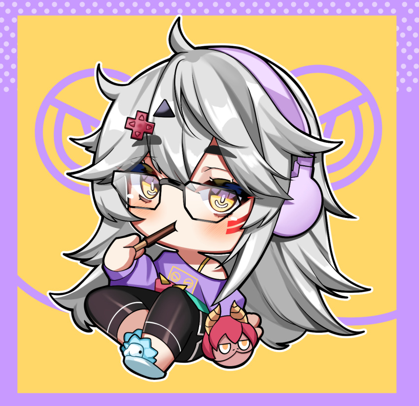 1girl, black-framed_eyewear, black_pants, blush, chibi, d-pad, d-pad_hair_ornament, food, food_in_mouth, gecko_zen, glasses, hair_ornament, headphones, highres, holding, holding_food, holding_pocky, long_hair, looking_at_viewer, myusagii, pants, pocky, pocky_in_mouth, power_symbol-shaped_pupils, purple_shirt, shirt, slippers, snom, symbol-shaped_pupils, very_long_hair, virtual_youtuber, vshojo, zentreya, zentreya_(mmo_zen)