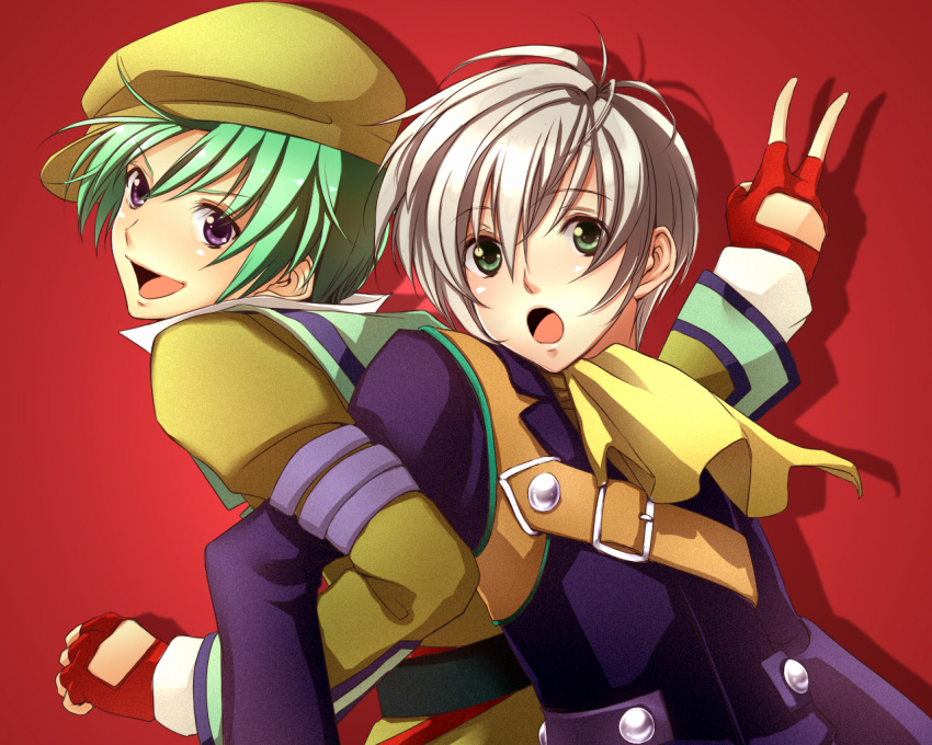 artist_request, green_eyes, green_hair, hat, imoko65, locked_arms, male, multiple_boys, purple_eyes, red_background, ruca_milda, short_hair, spada_belforma, tales_of_(series), tales_of_innocence, violet_eyes, white_hair