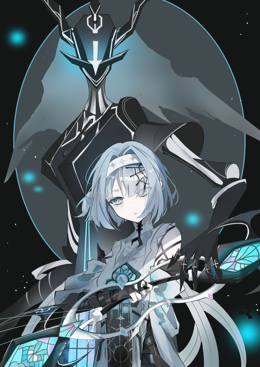 1girl, 1other, absurdres, alisa:_echo_(punishing:_gray_raven), alisa_(punishing:_gray_raven), asymmetrical_bangs, black_background, blue_eyes