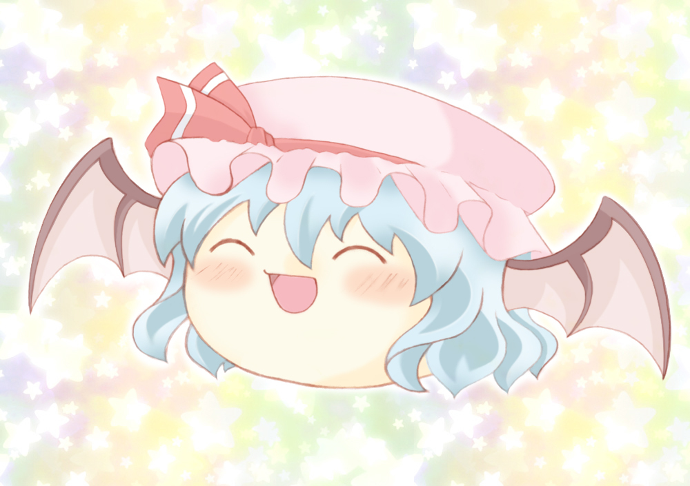 ^_^, ajitsuki, bat_wings, blue_hair, blush, closed_eyes, hat, no_humans, open_mouth, remilia_scarlet, short_hair, smile, star, starry_background, touhou, wings, yukkuri_shiteitte_ne