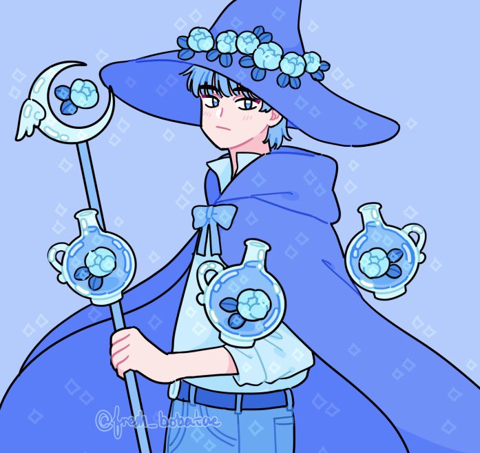 1boy, animification, backstreet_boys, belt, belt_buckle, blue_background, blue_belt, blue_bow, blue_bowtie, blue_cloak, blue_eyes, blue_flower, blue_hair, blue_hat, blue_pants, blue_shirt, blue_theme, bow, bowtie, buckle, cloak, closed_mouth, collared_shirt, commentary, cowboy_shot, crescent, denim, emily_kim, english_commentary, expressionless, flower, glass_bottle, hat, hat_flower, high_collar, holding, holding_staff, hood, hood_down, hooded_cloak, jeans, leaf, light_blush, light_frown, long_sleeves, looking_at_viewer, male_focus, pants, pocket, potion, real_life, shirt, short_hair, simple_background, solo, sparkle, staff, thick_eyebrows, twitter_username, v_(bts), wide_brim, winged_wand, wizard, wizard_hat