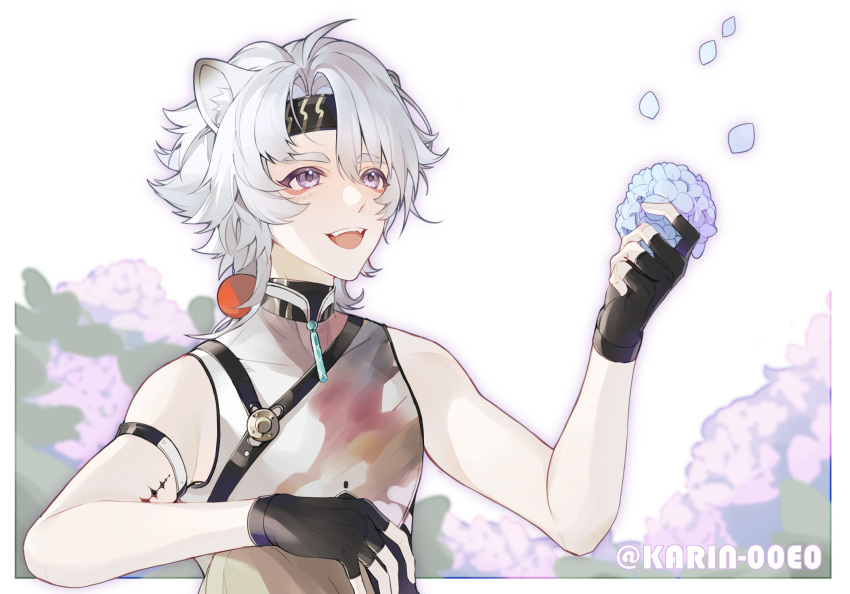 1boy, animal_ear_fluff, animal_ears, artist_name, bare_arms, black_hairband, blue_flower, body_markings