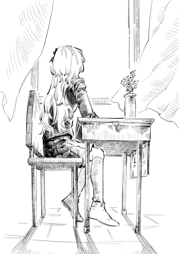 1girl, chair, curtains, desk, facing_away, flower, full_body, greyscale