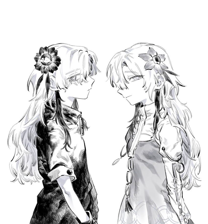 2girls, coat, dress, dual_persona, expressionless, flower, from_side, greyscale