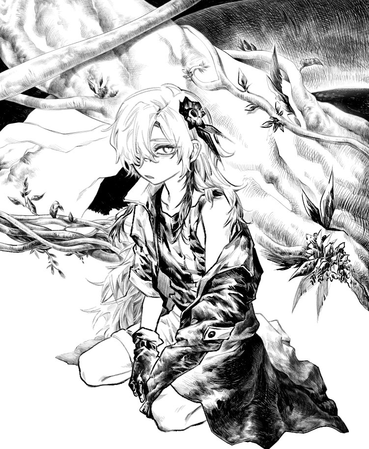 1girl, coat, expressionless, flower, gloves, greyscale, hair_flower, hair_ornament