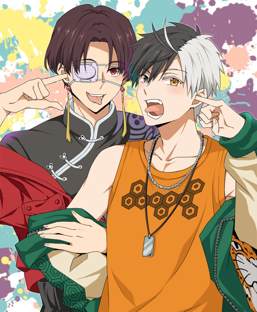 2boys, black_hair, brown_hair, chinese_clothes, collarbone, earrings, eyepatch, hayato_suou