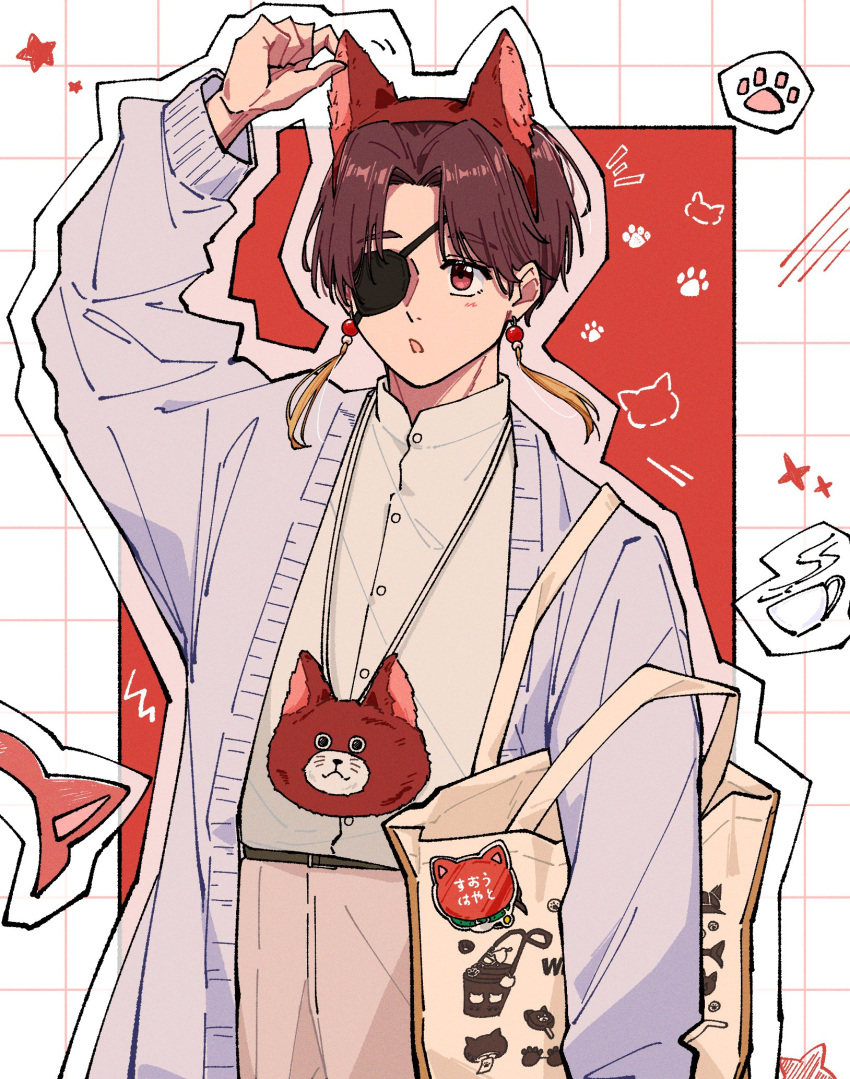 1boy, alternate_costume, animal_ears, bag, belt, brown_hair, earrings, eyepatch