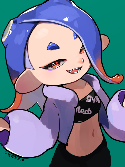 105custom, blue_hair, earrings, hair_over_one_eye, jewelry, looking_at_viewer, multicolored_hair, octoling
