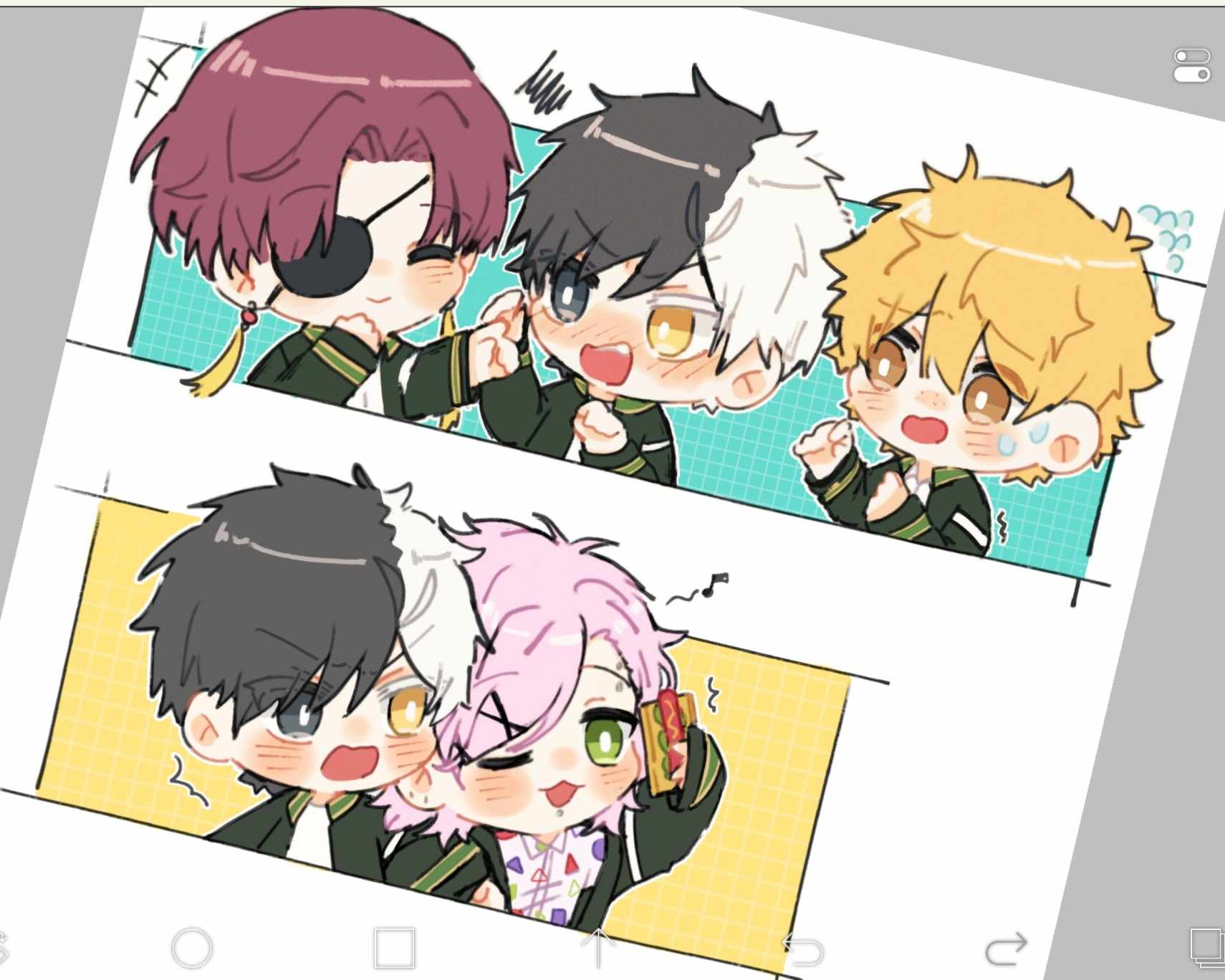 4boys, black_hair, blonde_hair, blush, earrings, eyepatch, green_eyes, hayato_suou