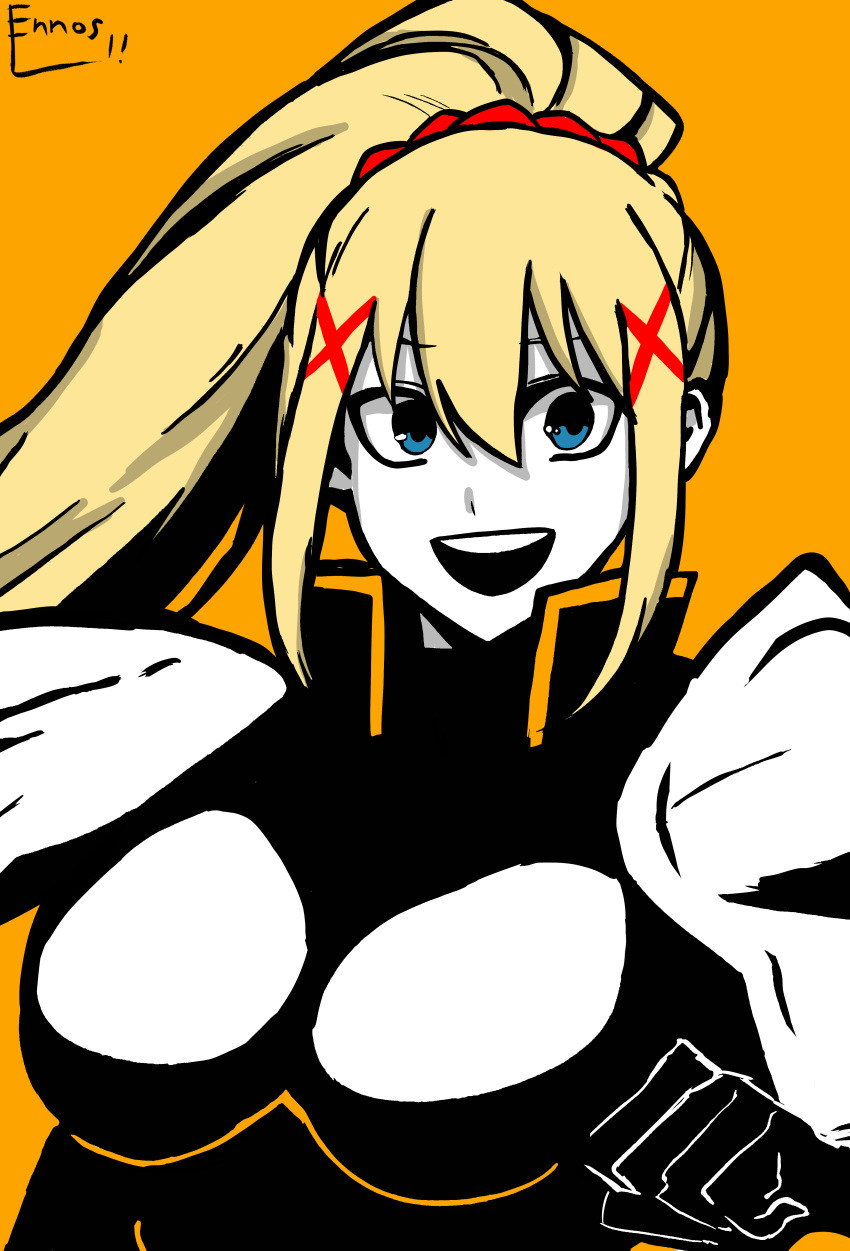 1girl, absurdres, black_bodysuit, blonde_hair, blue_eyes, bodysuit, breasts, darkness_(konosuba)