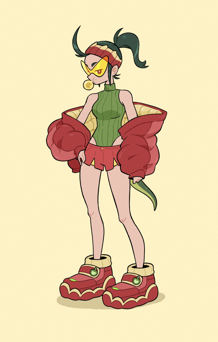 1girl, absurdres, apple, breasts, chewing_gum, coat, commentary, doodlelotl