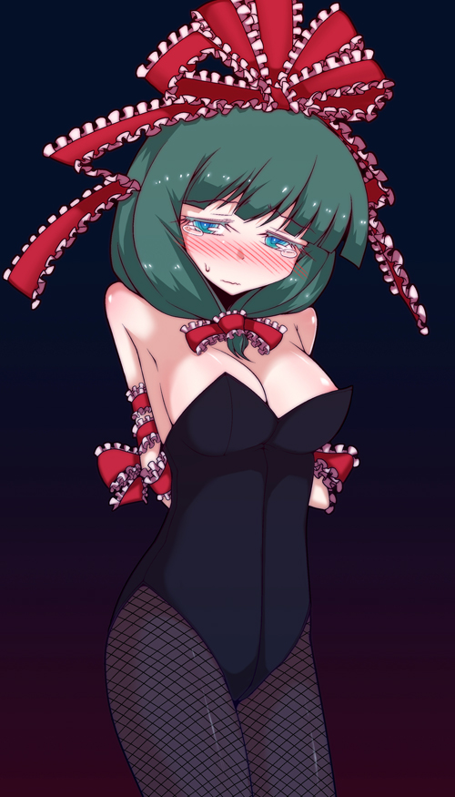 breasts, cleavage, gyo, kagiyama_hina, leotard, pantyhose, solo, tears