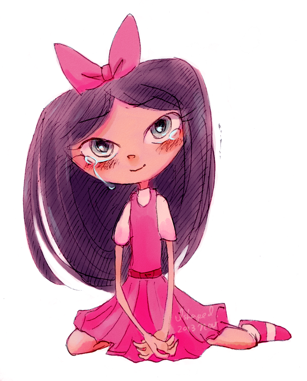 1girl, black_hair, blue_eyes, bow, child, daytoday, dress, hair_bow