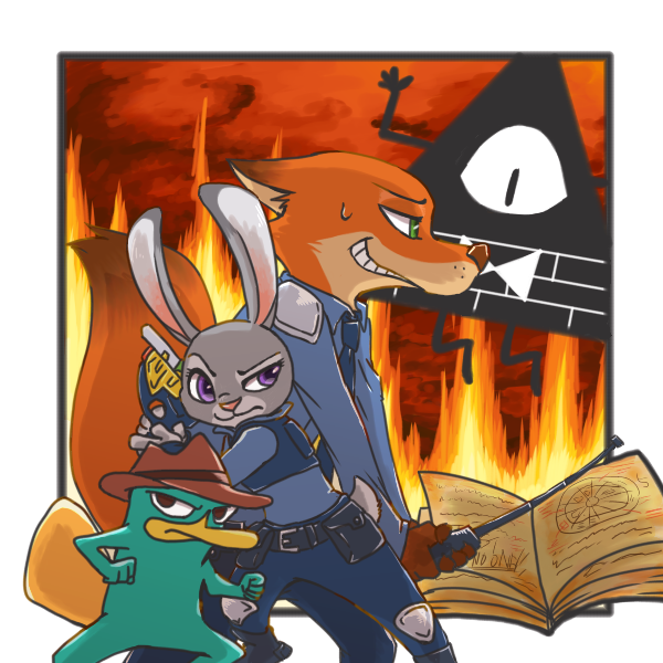 1girl, 3boys, bill_cipher, book, cat-299, crossover, disney, fox