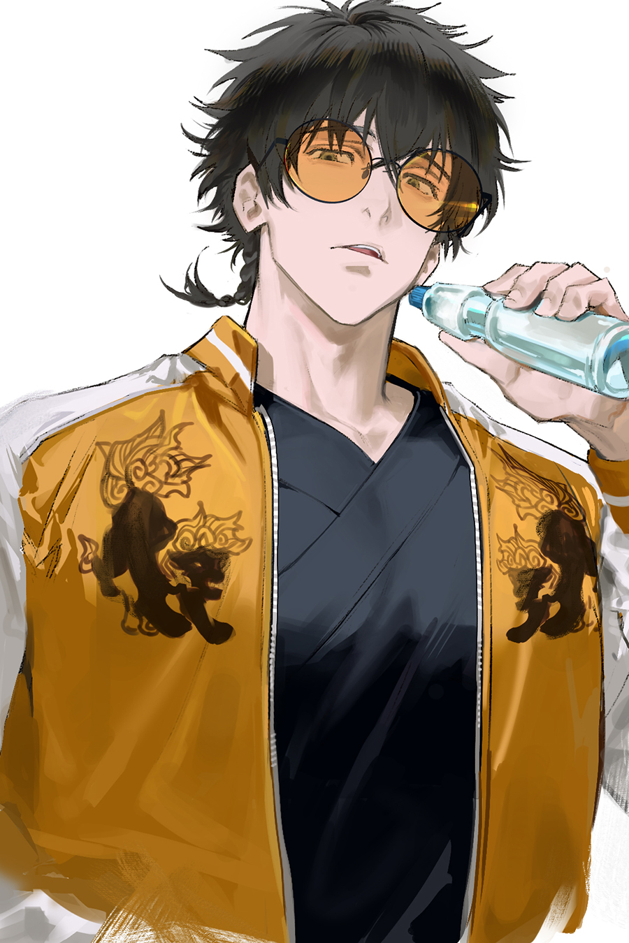 1boy, 77ho, black_hair, bottle, glasses, green_eyes, highres, holding
