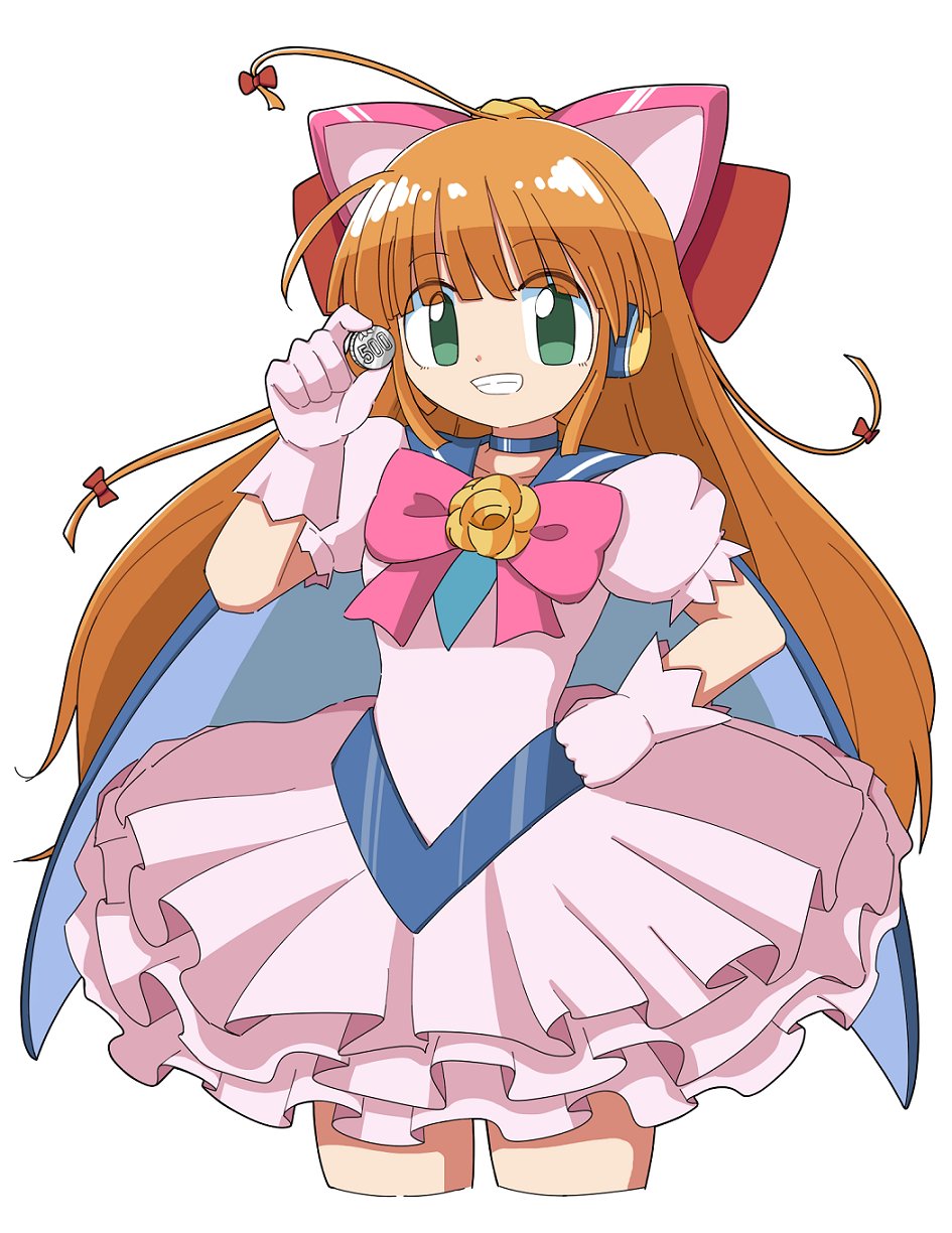 1girl, ahoge, animal_ears, blue_choker, bow, cape, cat_ears, choker, cocia_(kosianko), coin, commentary_request, dress, frilled_dress, frills, gloves, green_eyes, grin, hair_bow, highres, holding, holding_coin, huge_ahoge, long_hair, mitsukoshi_sakura, money_idol_exchanger, multiple_hair_bows, ok_sign, orange_hair, pink_bow, pink_dress, pink_gloves, puffy_short_sleeves, puffy_sleeves, red_bow, short_sleeves, smile, white_background